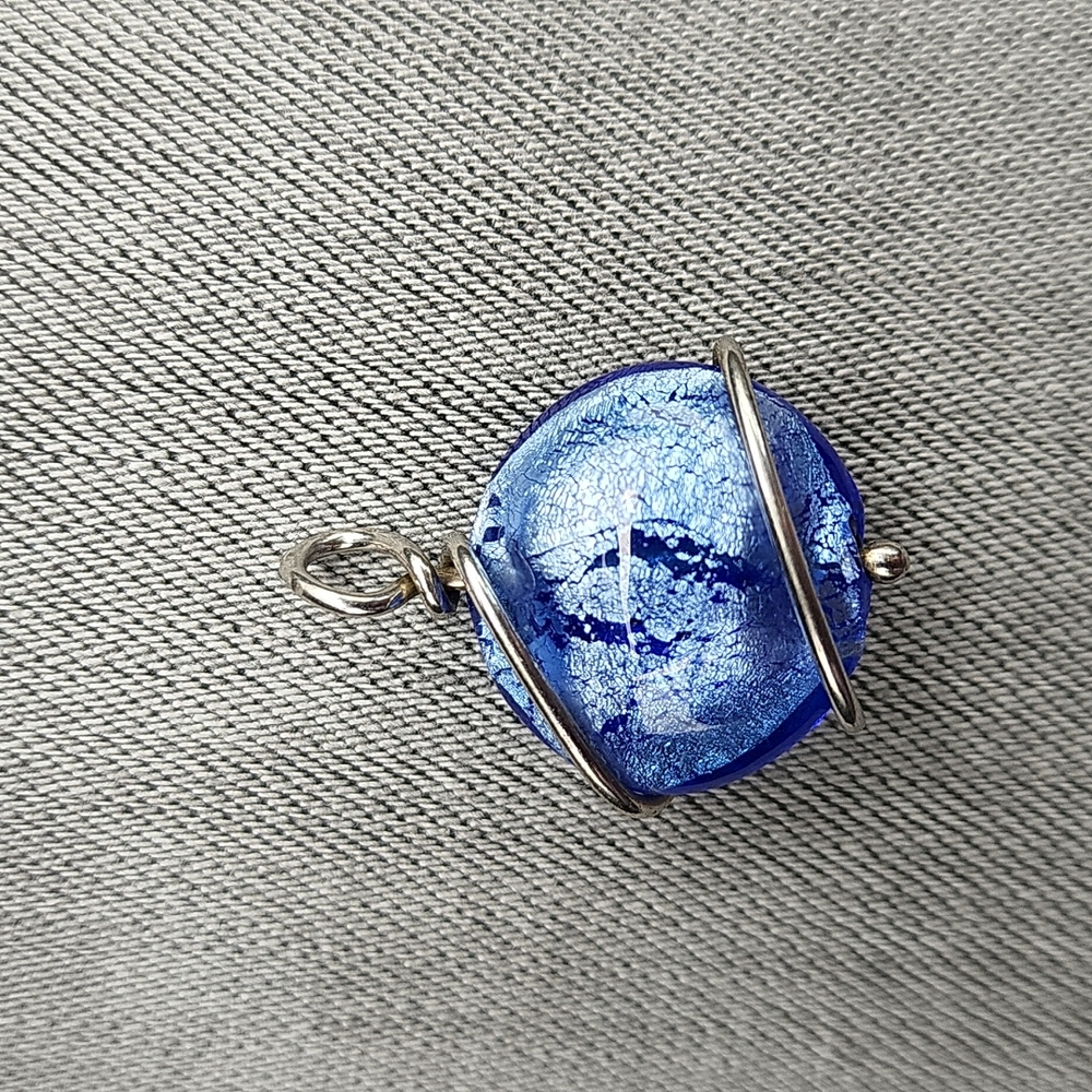 Glass Pendant Wrapped in Sterling Silver Blue